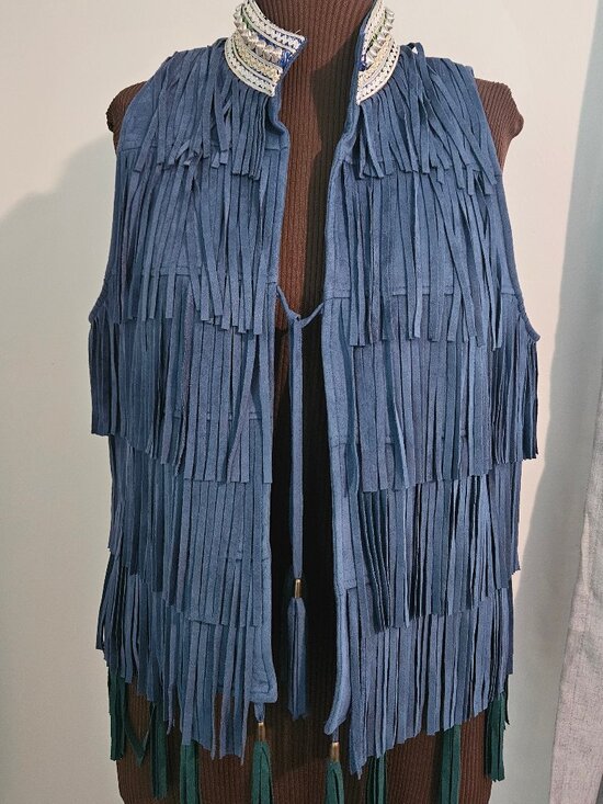 V Cristina Jackets & Blazers - Vintage V Cristina Blue Fringe Vest with Tassels, Size XL